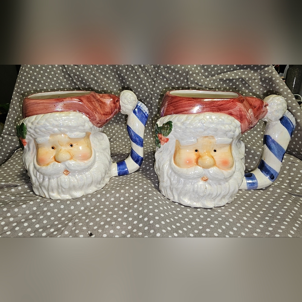 Santa Face Ceramic Mugs - Pair in White, Red & Blue